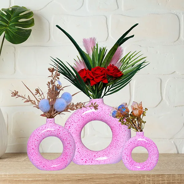 Donut_Shaped_Flower_Vases_For_Home_Decor_Set_Of_3_Pink_Polyresin_8_Inch