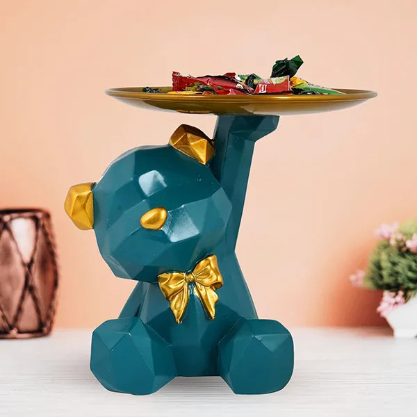 7_Inch_Geometric_Bear_Tray_Teal_Resin_Candy_Holder_Decorative_Bear_Showpiece