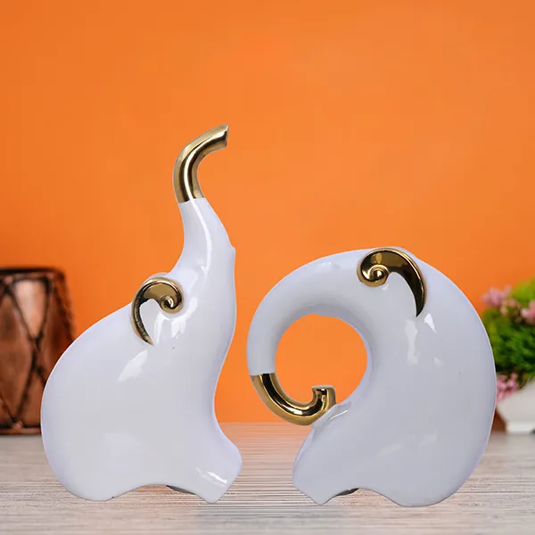 White_Polyresin_Elephant_Figurines_Set_Of_2_Gold_Trim_H_21_5_15_Cm