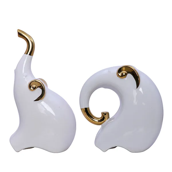 White_Polyresin_Elephant_Figurines_Set_Of_2_Gold_Trim_H_21_5_15_Cm