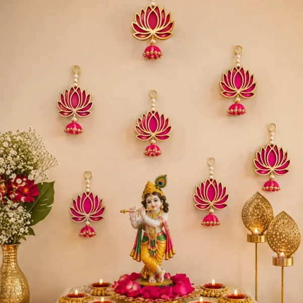 Handmade_Pink_Lotus_Wall_Hanging_With_Jhumki_For_Home_Decoration_Set_Of_6
