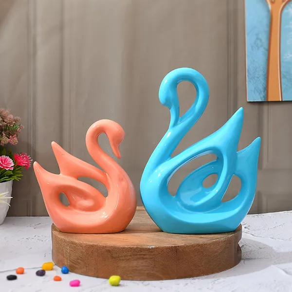 Swan_Couple_Showpiece_For_Home_Decor_Set_Of_2_Blue_Orange_Polyresin_10_Inch