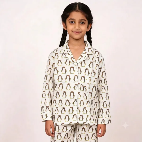 White_Penguin_Printed_Cotton_Relaxed_Pyjama_Set_For_Boys_&_Girls