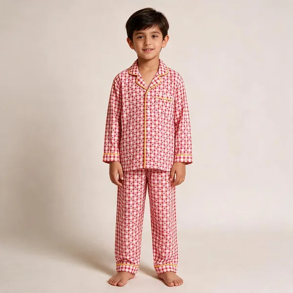Pink_Checkered_Cotton_Pyjama_Set_For_Boys_&_Girls