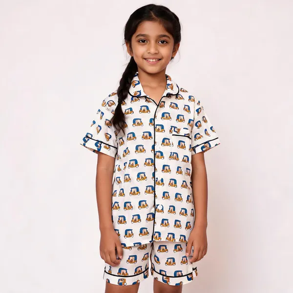 White_Auto_Rickshaw_Print_Cotton_Pyjama_Set_For_Boys_&_Girls