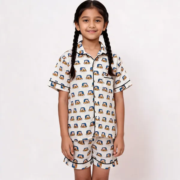 White_Auto_Rickshaw_Print_Cotton_Pyjama_Set_For_Boys_&_Girls