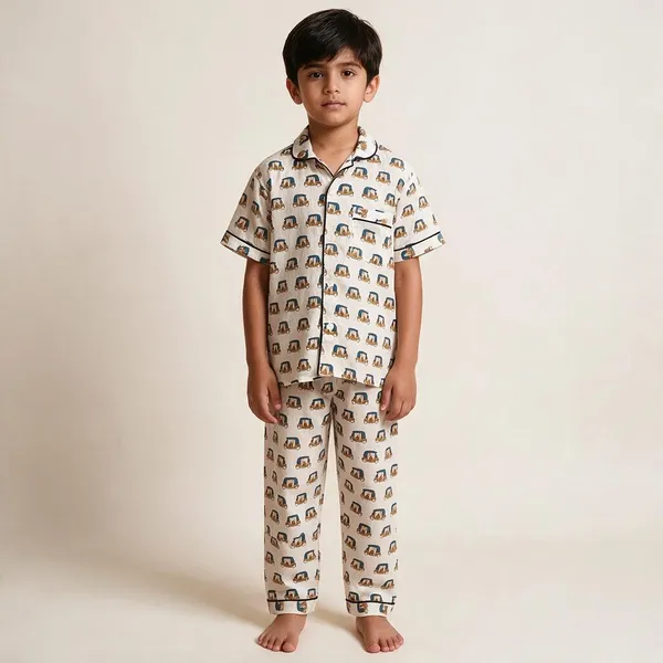 White_Auto_Rickshaw_Print_Cotton_Pyjama_Set_For_Boys_&_Girls