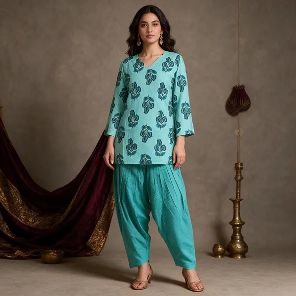 Turquoise_Floral_Cotton_Straight_Kurta_Cord_Set_For_Women_&_Girls