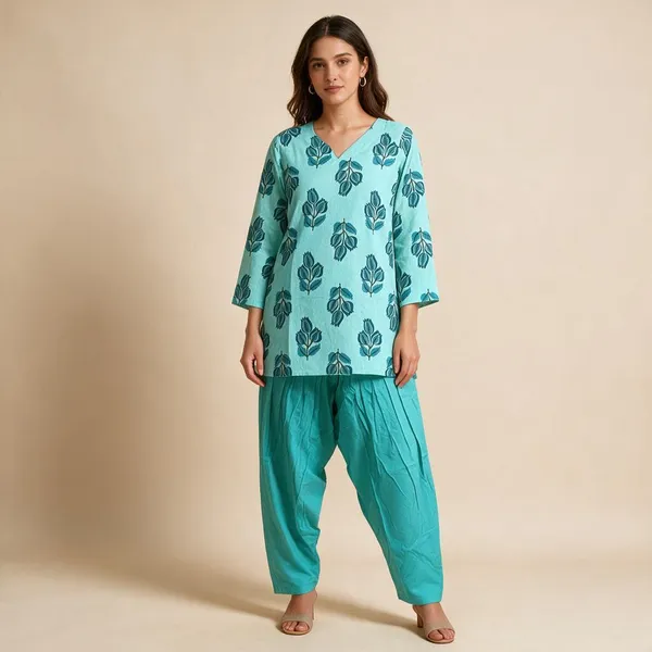 Turquoise_Floral_Cotton_Straight_Kurta_Cord_Set_For_Women_&_Girls