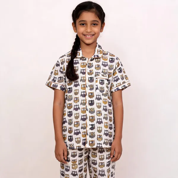 Grey_Owl_Printed_Cotton_Relaxed_Short_Sleeve_Pyjama_Set_For_Boys_&_Girls