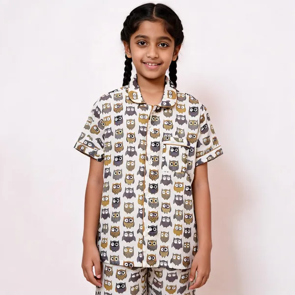 Grey_Owl_Printed_Cotton_Relaxed_Short_Sleeve_Pyjama_Set_For_Boys_&_Girls