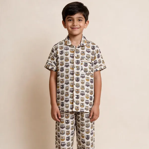Grey_Owl_Printed_Cotton_Relaxed_Short_Sleeve_Pyjama_Set_For_Boys_&_Girls