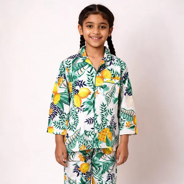White_Botanical_Print_Cotton_Pyjama_Set_For_Boys_&_Girls