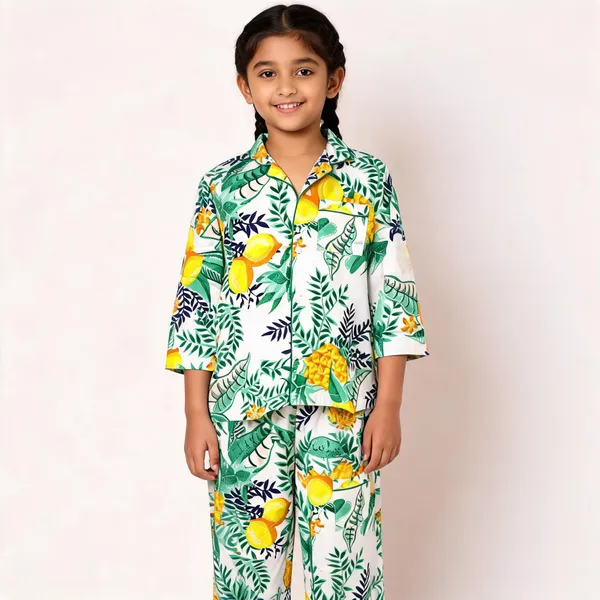 White_Botanical_Print_Cotton_Pyjama_Set_For_Boys_&_Girls