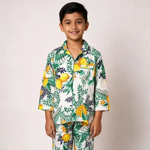White_Botanical_Print_Cotton_Pyjama_Set_For_Boys_&_Girls