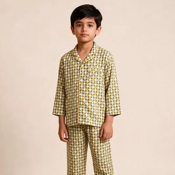 Green_Check_Cotton_Relaxed_Pyjama_Set_For_Boys_&_Girls