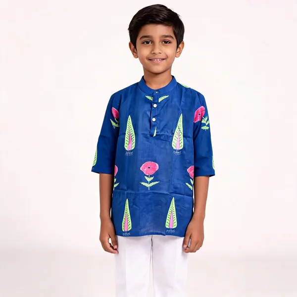 Blue_Floral_Cotton_Straight_Kurta_Pyjama_Set_For_Boys