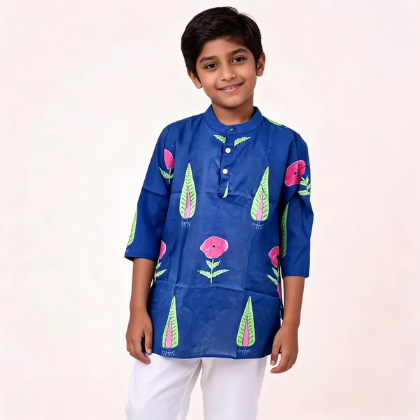 Blue_Floral_Cotton_Straight_Kurta_Pyjama_Set_For_Boys
