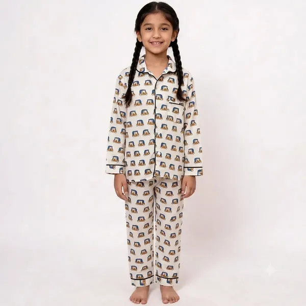 White_Auto_Rickshaw_Print_Cotton_Pyjama_Set_For_Boys_&_Girls