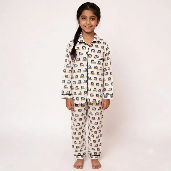 White_Auto_Rickshaw_Print_Cotton_Pyjama_Set_For_Boys_&_Girls