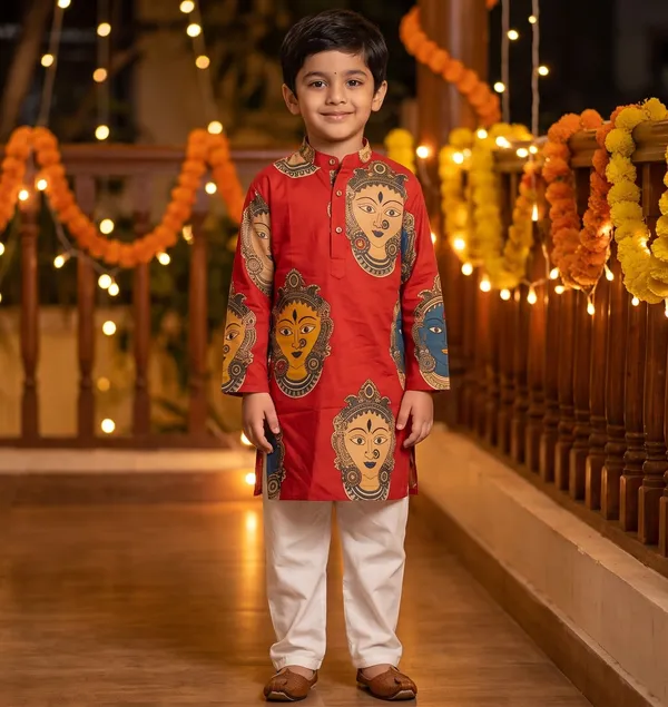 Red_Printed_Cotton_Straight_Kurta_Pyjama_Set_For_Boys