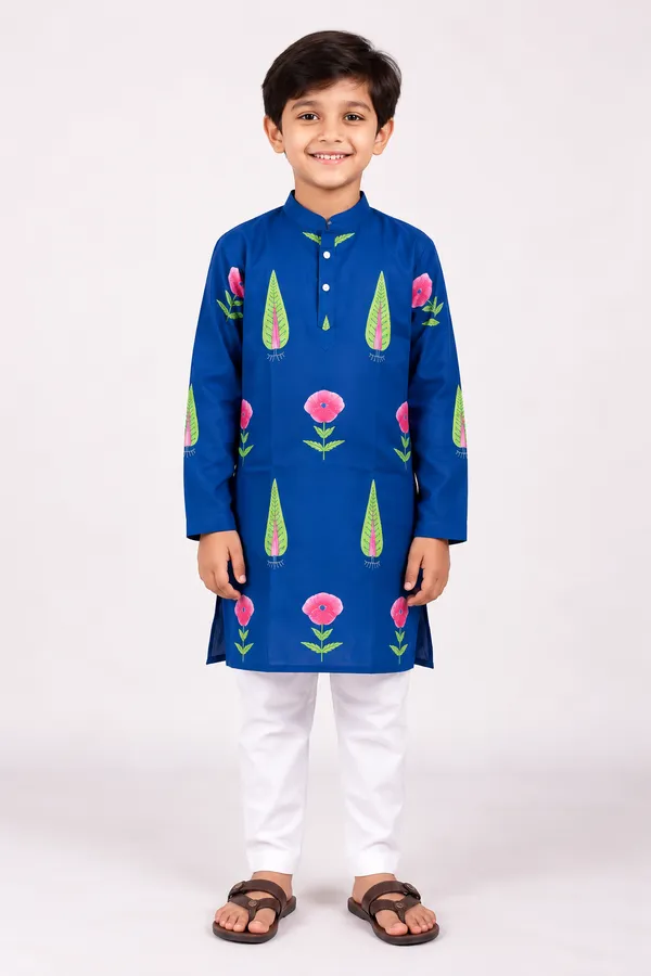 Blue_Floral_Cotton_Straight_Kurta_Pyjama_Set_For_Boys
