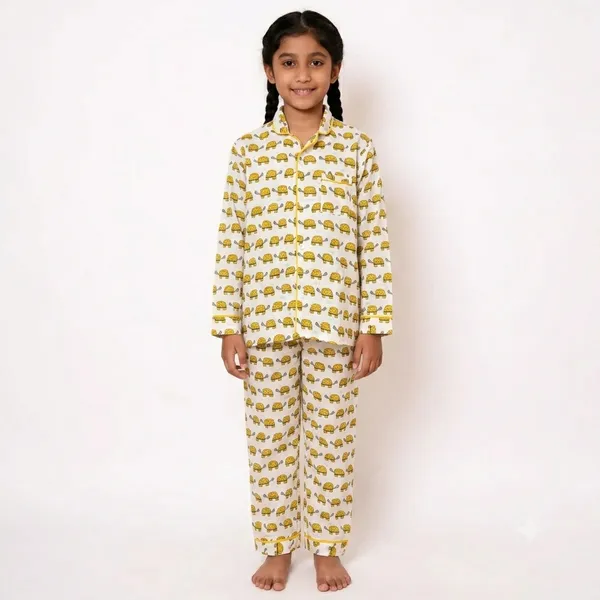 White_Turtle_Printed_Cotton_Relaxed_Short_Sleeve_Pyjama_Set_For_Boys_&_Girls