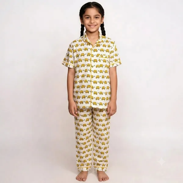 White_Turtle_Printed_Cotton_Relaxed_Short_Sleeve_Pyjama_Set_For_Boys_&_Girls