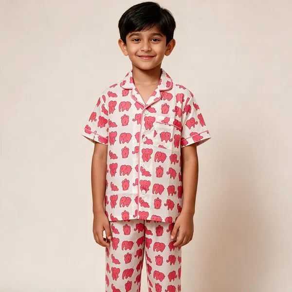 Pink_Elephant_Printed_Cotton_Relaxed_Short_Sleeve_Pyjama_Set_For_Boys_&_Girls