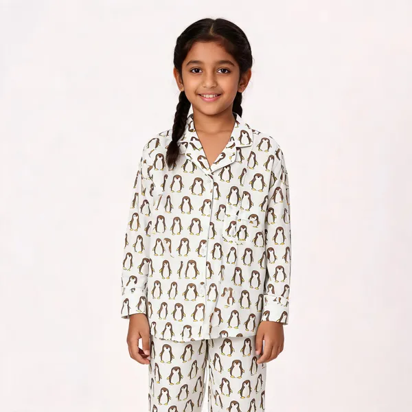 White_Penguin_Printed_Cotton_Relaxed_Pyjama_Set_For_Boys_&_Girls