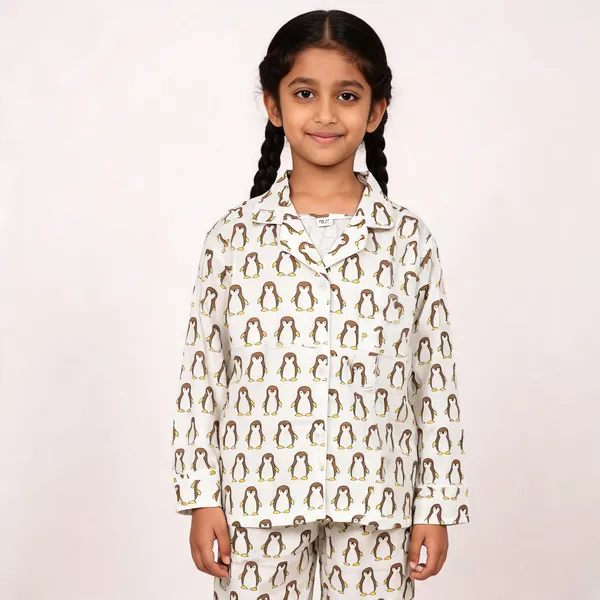 White_Penguin_Printed_Cotton_Relaxed_Pyjama_Set_For_Boys_&_Girls