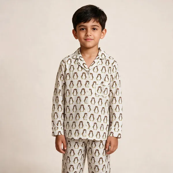 White_Penguin_Printed_Cotton_Relaxed_Pyjama_Set_For_Boys_&_Girls