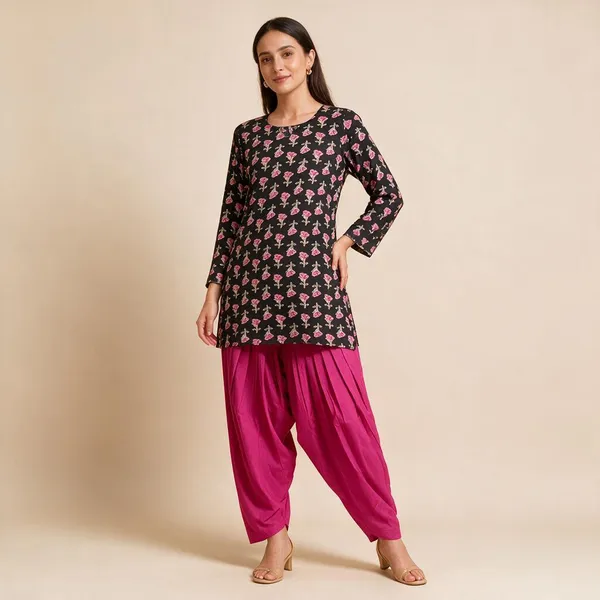Black_&_Pink_Floral_Cotton_Straight_Kurta_Cord_Set_For_Women_&_Girls