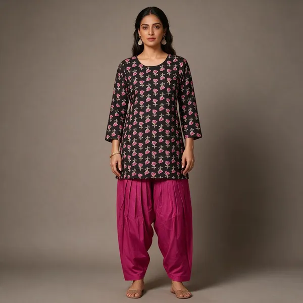 Black_&_Pink_Floral_Cotton_Straight_Kurta_Cord_Set_For_Women_&_Girls