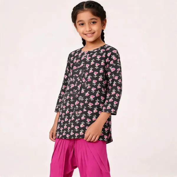 Black_&_Pink_Floral_Cotton_Straight_Kurta_Cord_Set_For_Women_&_Girls