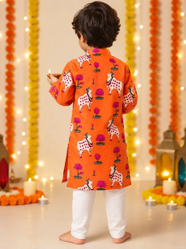 Orange_Printed_Cotton_Straight_Kurta_Pyjama_Set_For_Boys