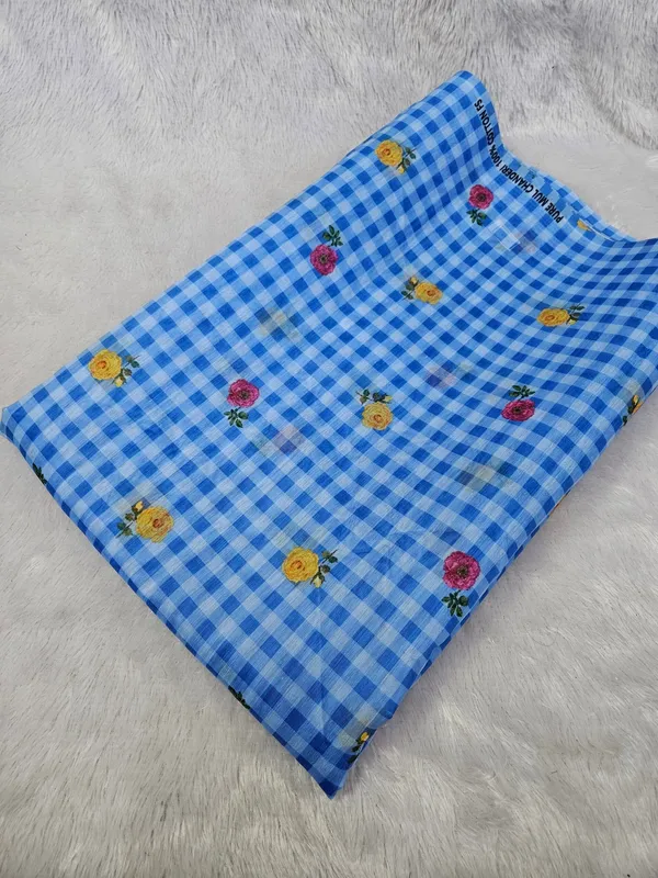 Blue_Check_Floral_Print_On_Mul_Chanderi_Fabric
