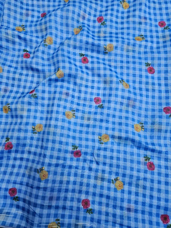 Blue_Check_Floral_Print_On_Mul_Chanderi_Fabric