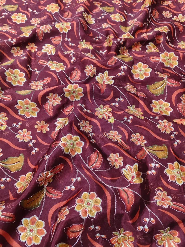 Dark_Brown_Floral_Position_Print_With_Embroidery_On_Chinon_Fabric