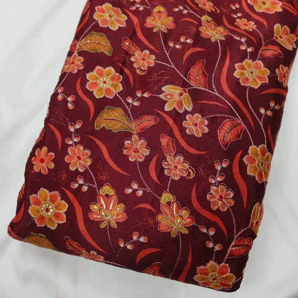 Dark_Brown_Floral_Position_Print_With_Embroidery_On_Chinon_Fabric