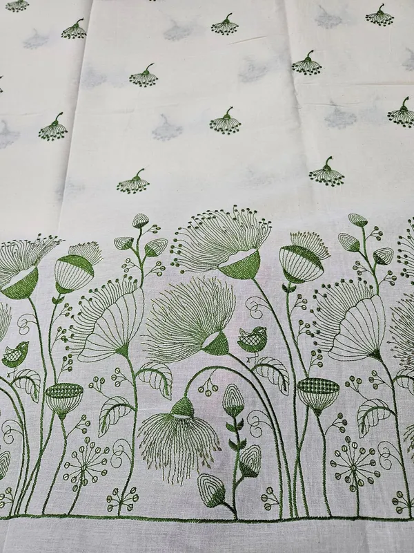 Floral_Green_Thread_Embroidery_On_Kora_Mul_Cotton_Fabric
