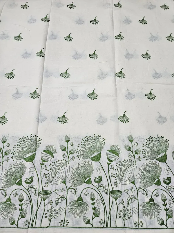 Floral_Green_Thread_Embroidery_On_Kora_Mul_Cotton_Fabric