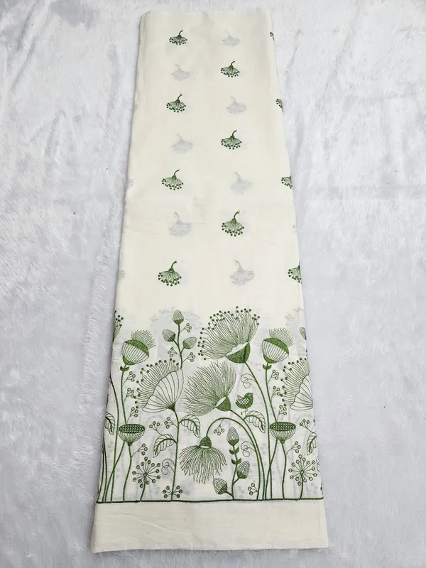 Floral_Green_Thread_Embroidery_On_Kora_Mul_Cotton_Fabric