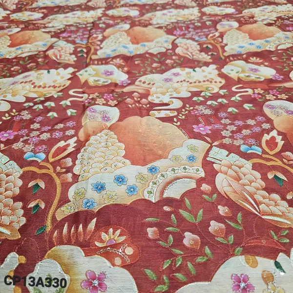 Dark_Orange_Floral_Position_Print_With_Embroidery_On_Chinon_Fabric