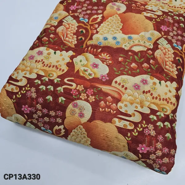 Dark_Orange_Floral_Position_Print_With_Embroidery_On_Chinon_Fabric
