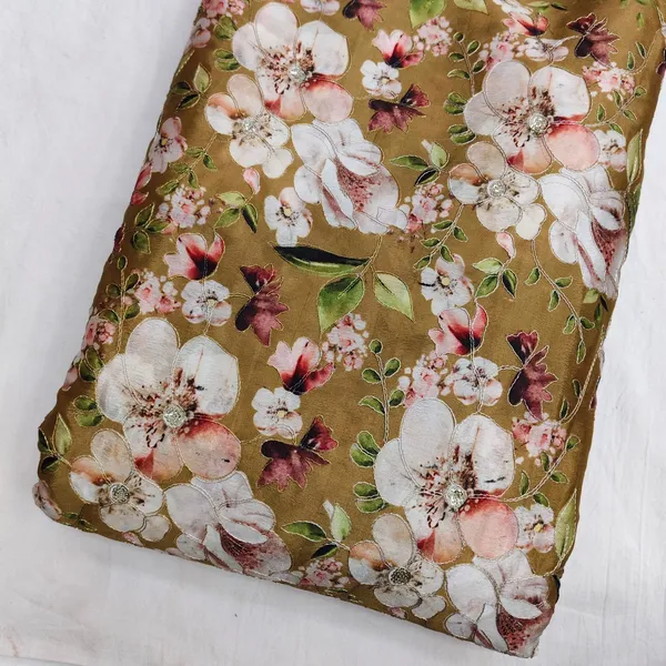 Olive_Green_Floral_Position_Print_With_Embroidery_On_Chinon_Fabric