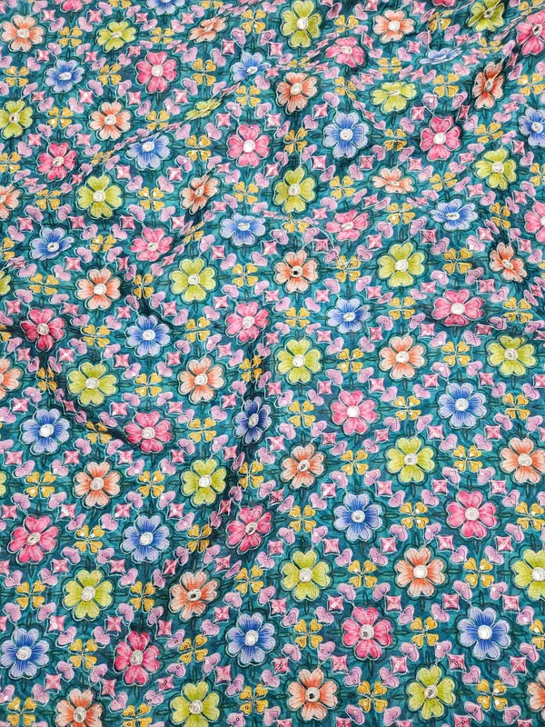Dark_Sea_Green_Floral_Position_Print_On_Chinon_Fabric