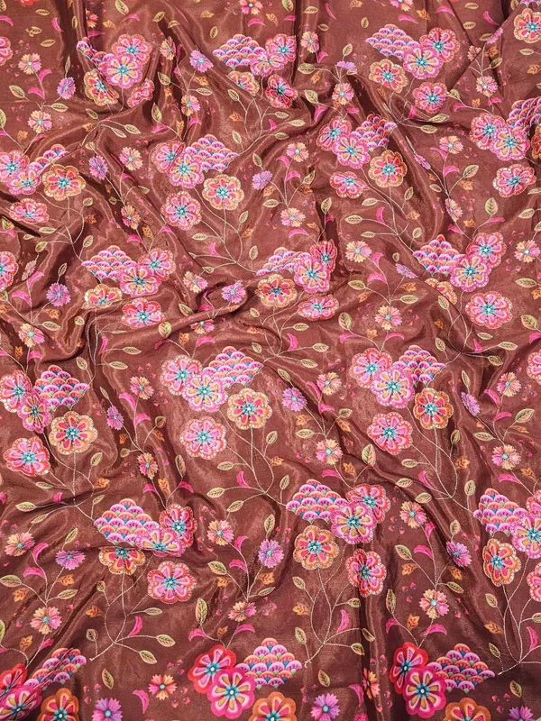 Brown_Floral_Position_Print_With_Embroidery_On_Chinon_Fabric