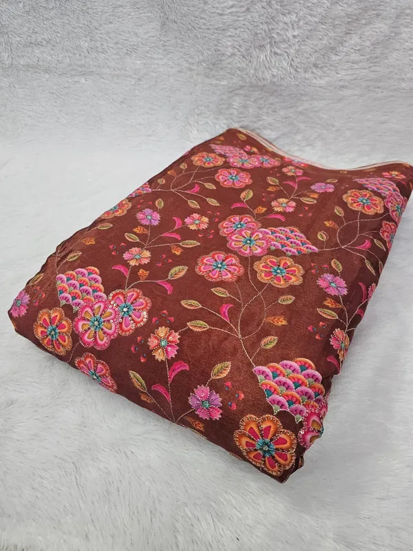 Brown_Floral_Position_Print_With_Embroidery_On_Chinon_Fabric