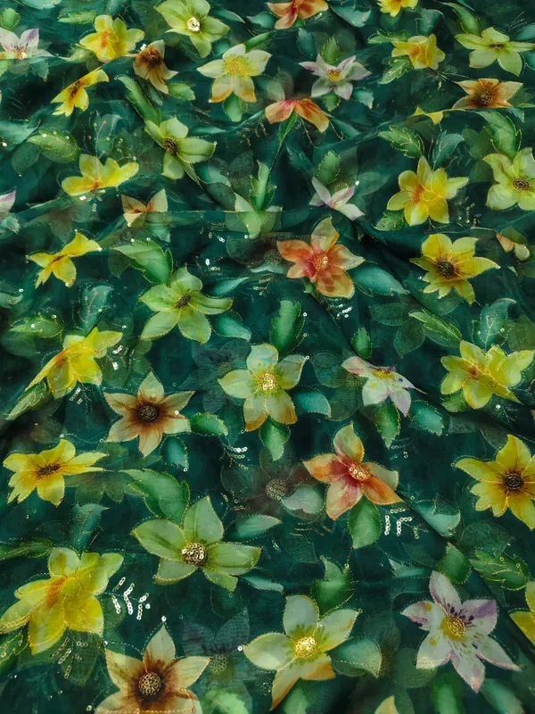 Bottle_Green_Floral_Position_Print_With_Embroidery_On_Organza_Fabric